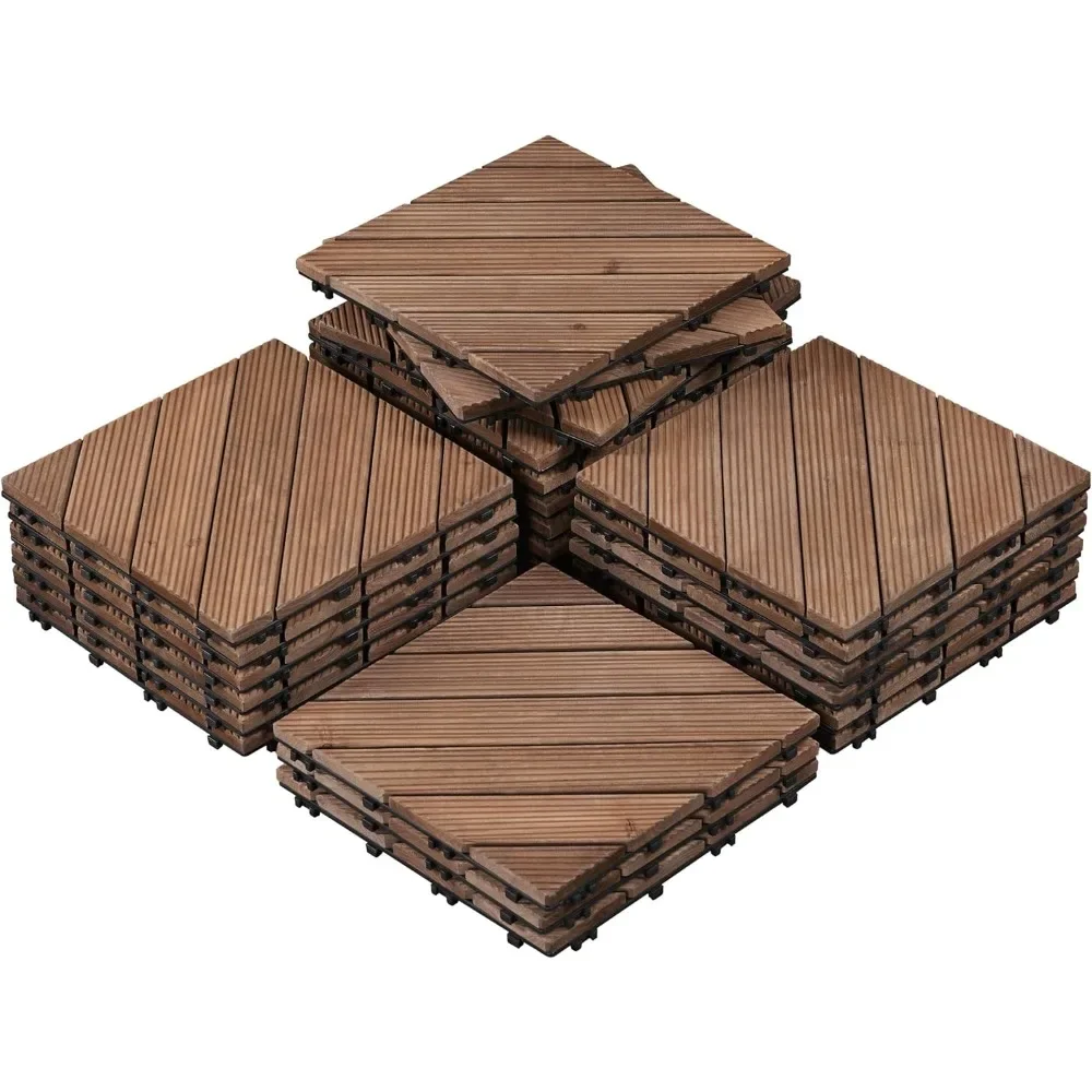 27 Pcs Fir Wood Flooring Tiles, Interlocking Wood Decking Tiles & Diagonal Design Easy Flooring Indoor& Outdoor for Patio