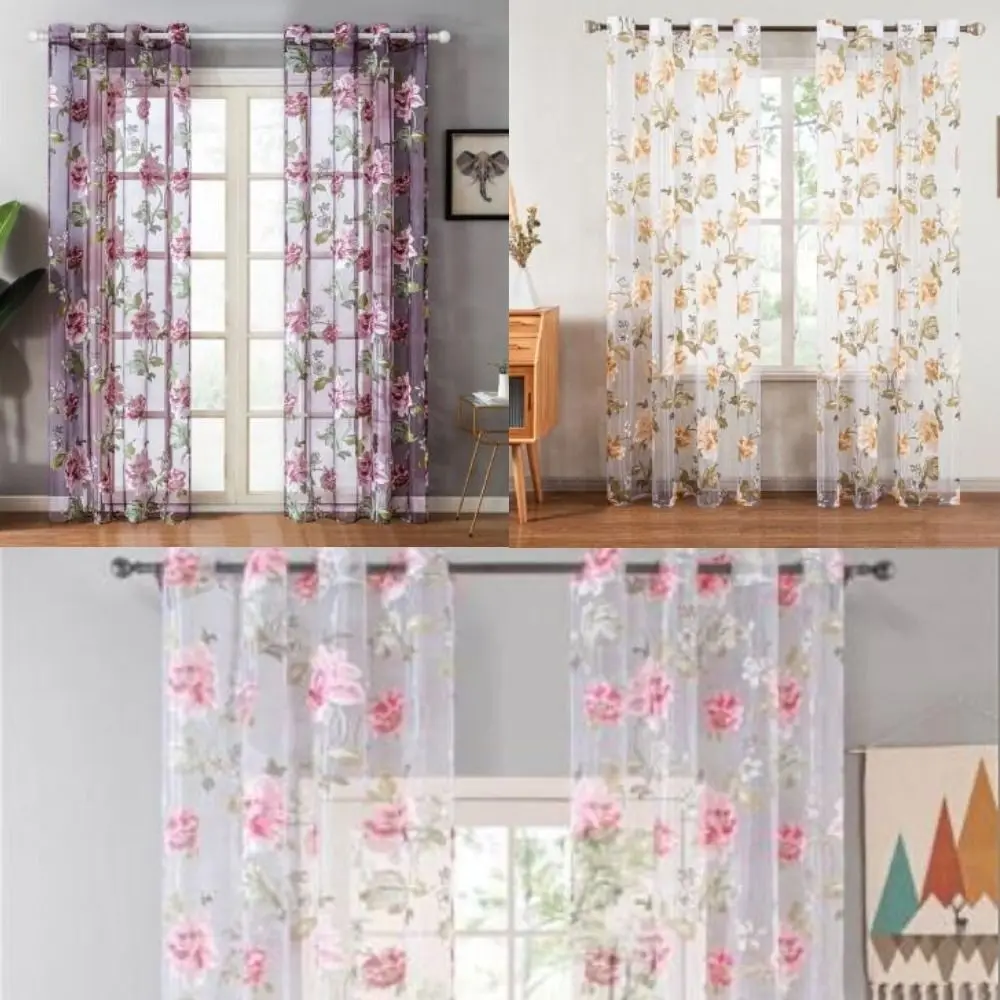 Elegant Sheer Tulle Window Curtains Polyester Hotel Supplies Home Decoration Curtain Floral Peony Voile Curtain Living Room