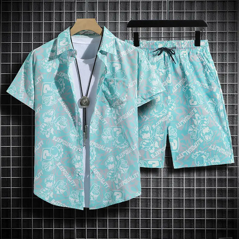 Hawaiian Summer Men\'s Beach Set: Short Sleeve Floral Shirt + Complete with Ice Silk Shorts