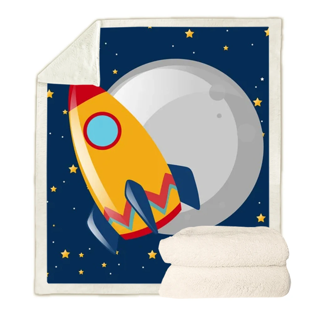 HX Kids Childrens Throw Blankets Cute Cartoon Rocket Astronaut 3D Double Layer Blanket Throw Keep Warm Quilt Dropshipping