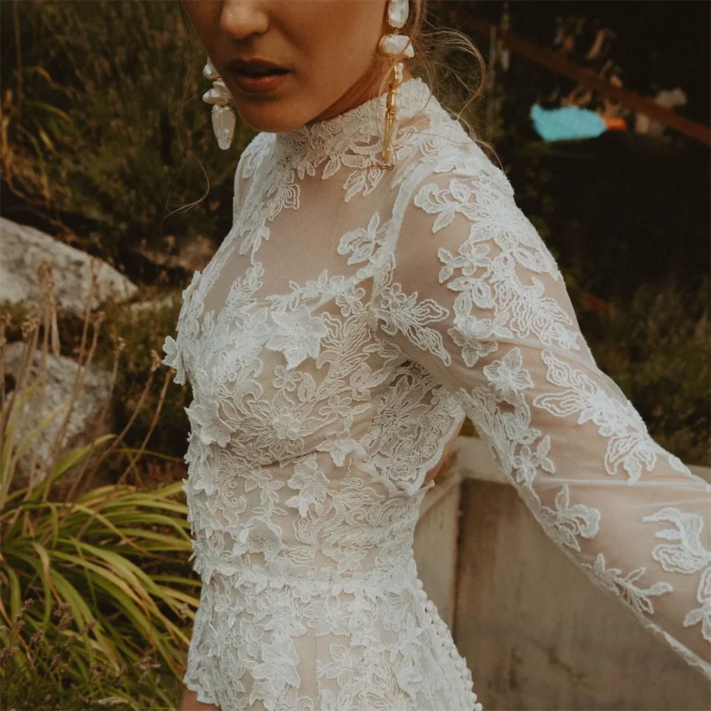 20147 #   Boho maniche lunghe collo alto mini abito da sposa in pizzo per la sposa donna abito da sposa senza schienale con strascico staccabile personalizzato