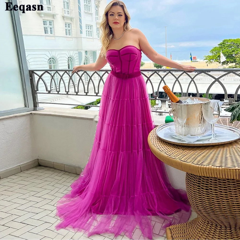 

Eeqasn Fuchsia Tiered Tulle Long Prom Dresses Sweetheat Formal Evening Party Gown Customize Women Prom Gowns Wedding Party Dress