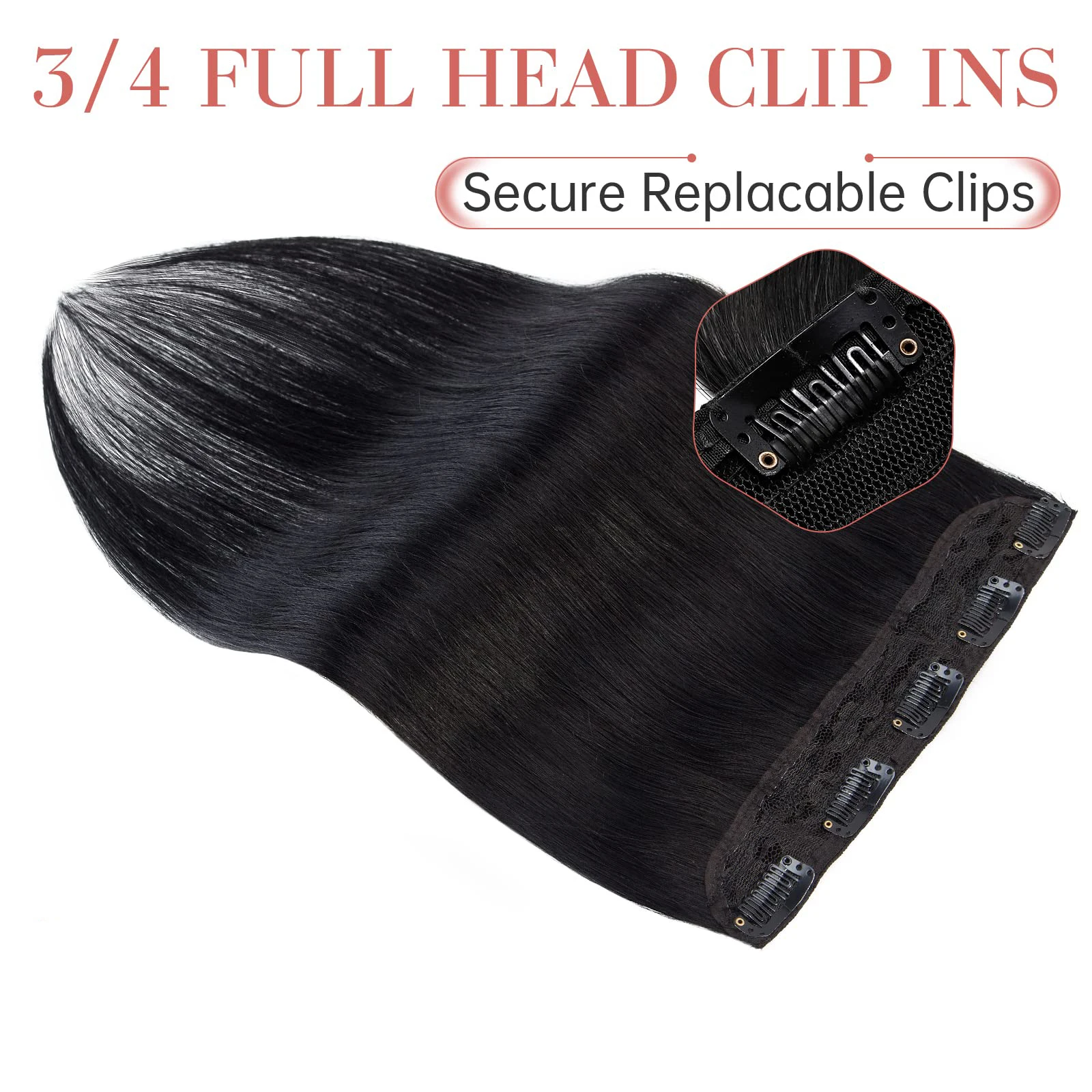 كليب في وصلات الشعر شعر بشري حقيقي 1 قطعة 26 بوصة ريمي وصلات شعر بشرية كليب ins 5 مقاطع 3/4 كامل الرأس # 1ب