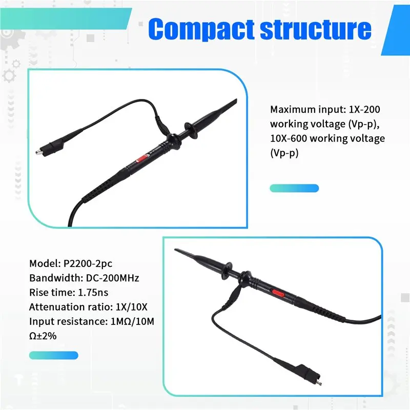 A53M-P2200 10:1 200Mhz Oscilloscope Probe 2 Pieces X1/X10 Safe BNC Test Lead Clip Kit