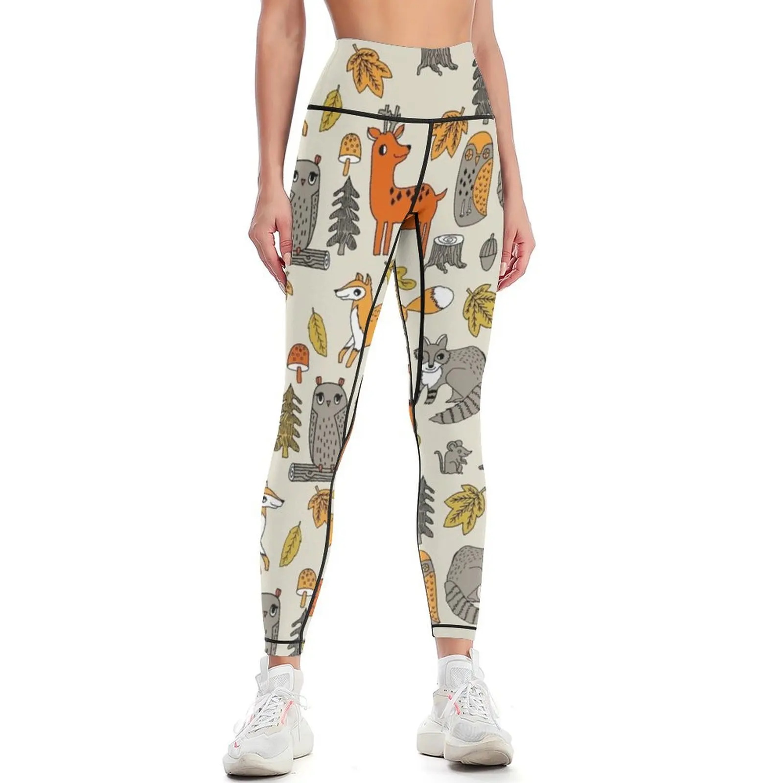 

Woodland camping animal nature owl fox deer raccoon cute by andrea lauren Leggings gym top Womens Leggings