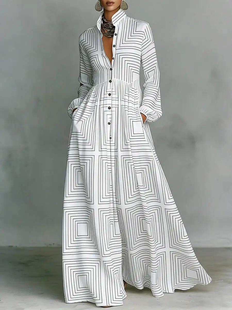 

White Abstract Geometric Line Print Long Sleeve Maxi Dress With Mandarin Collar, Front Button Closure, And Waist-Tapered