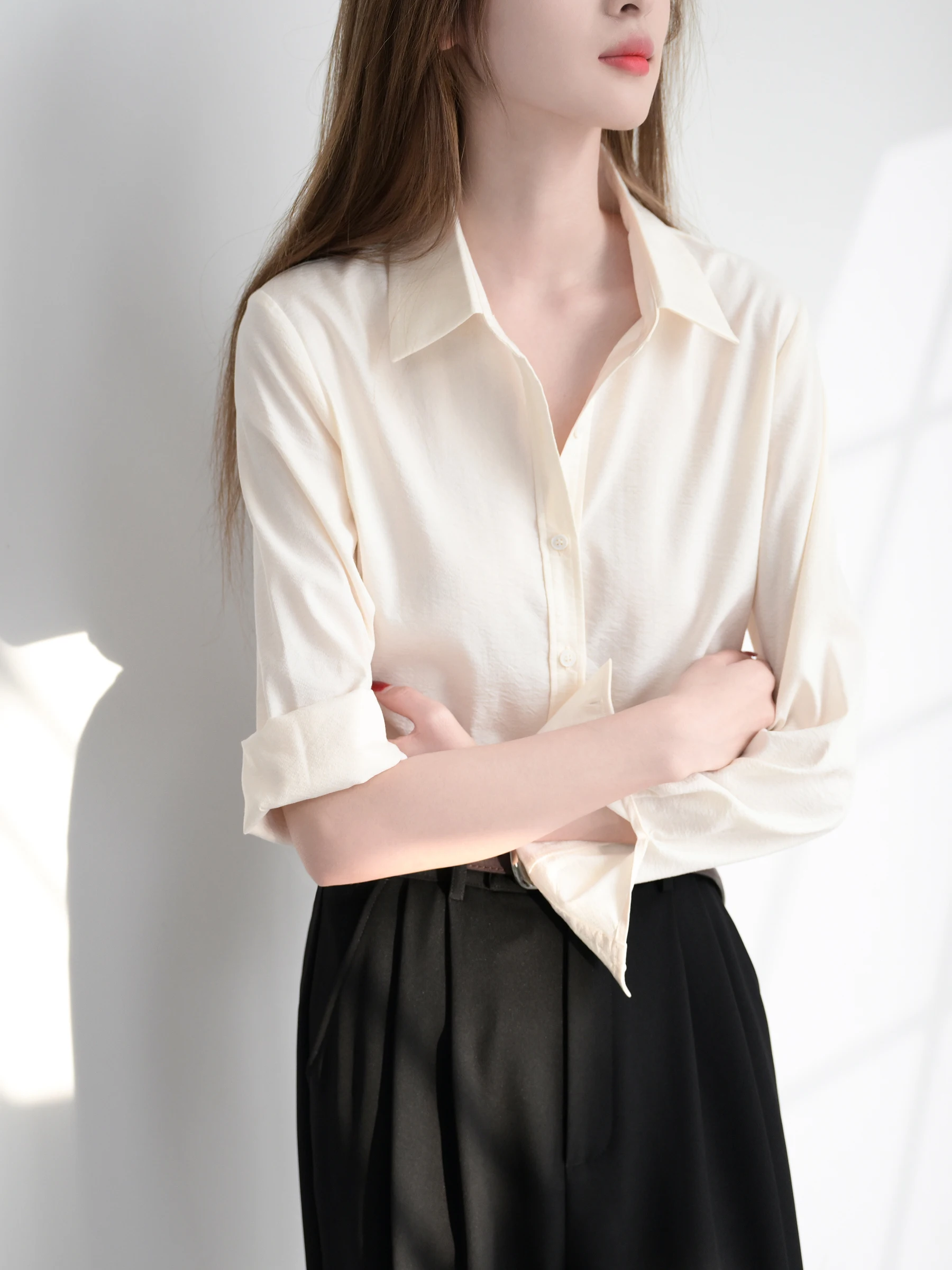 

Рубашка TRR Chic с длинным рукавом, женская повседневная рубашка из смесового хлопка в стиле OL, свободного кроя, белая, для офиса, премиум-класса