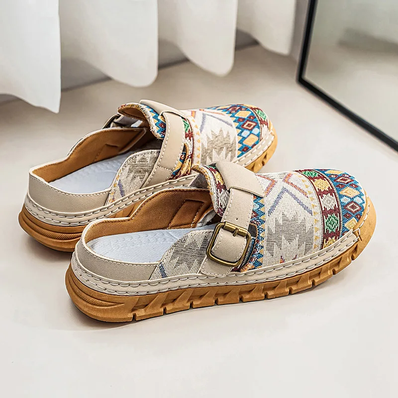 2026 Boho Ethnic Pattern Mens Mules Slip on Closed Toe Casual Slippers Retro National Style Comfortable Platform Shoes for Women