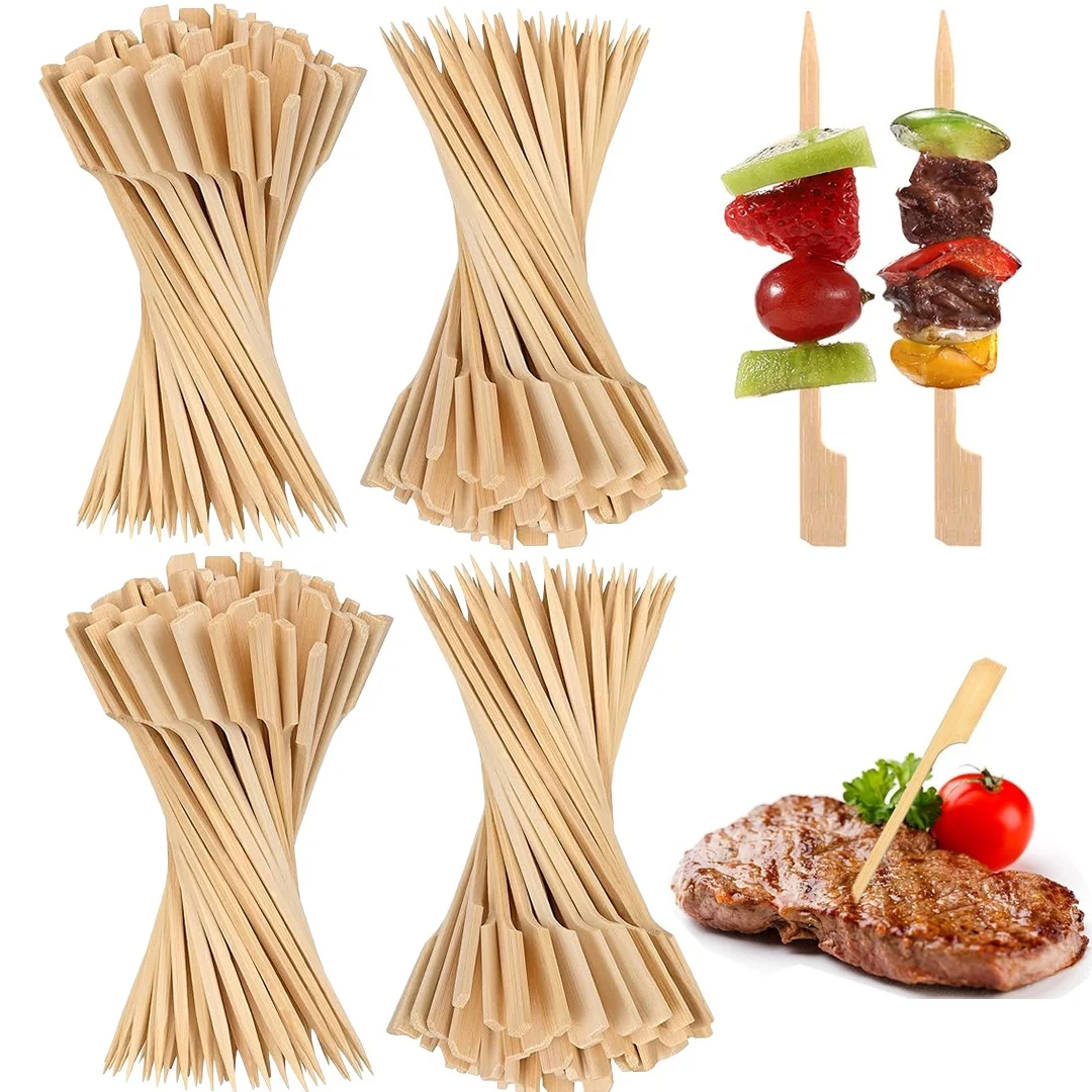 100Pcs Disposable Barbecue Sticks, Bamboo Sticks with Handles, Dim Sum, Meat, Fruit, Hamburger Sticks, Clean and Sanitary