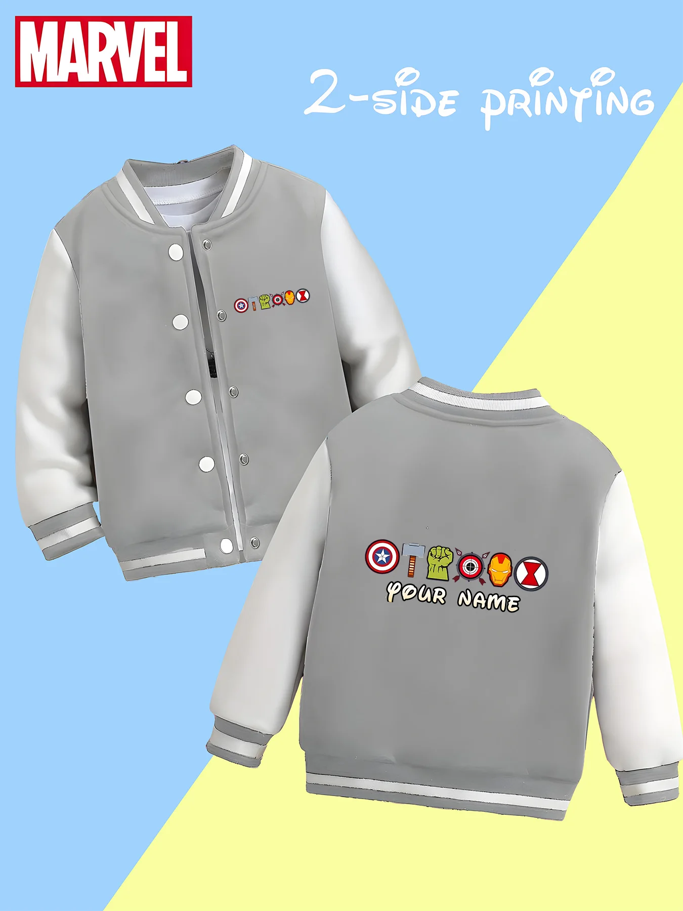 Jaqueta de beisebol MINISO Marvel Boys – combinação de logotipo Fun Avengers, esquema clássico de cores preto e branco, super atraente para