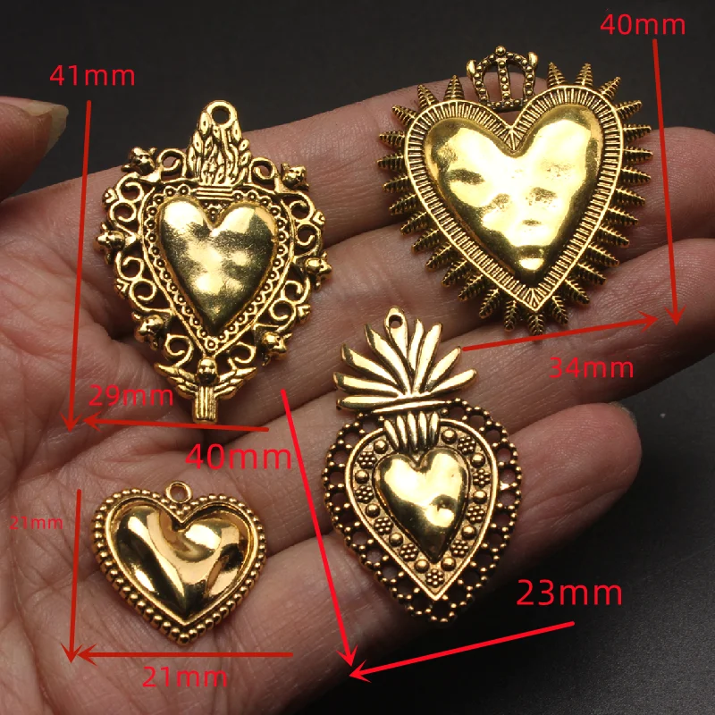 8pcs Antique Gold Color Mix Sacred Heart Pendant DIY Charms Catholic Earring Necklace Jewelry Artifact Making P1600