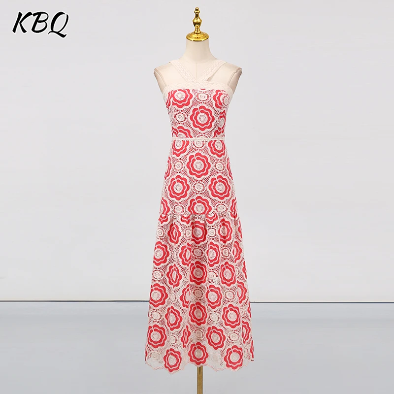

KBQ Hit Color Floral Embroidery Long Dresses for Women Halter Sleeveless Backless Patchwork Hollow Out Chic Dress Female Summer