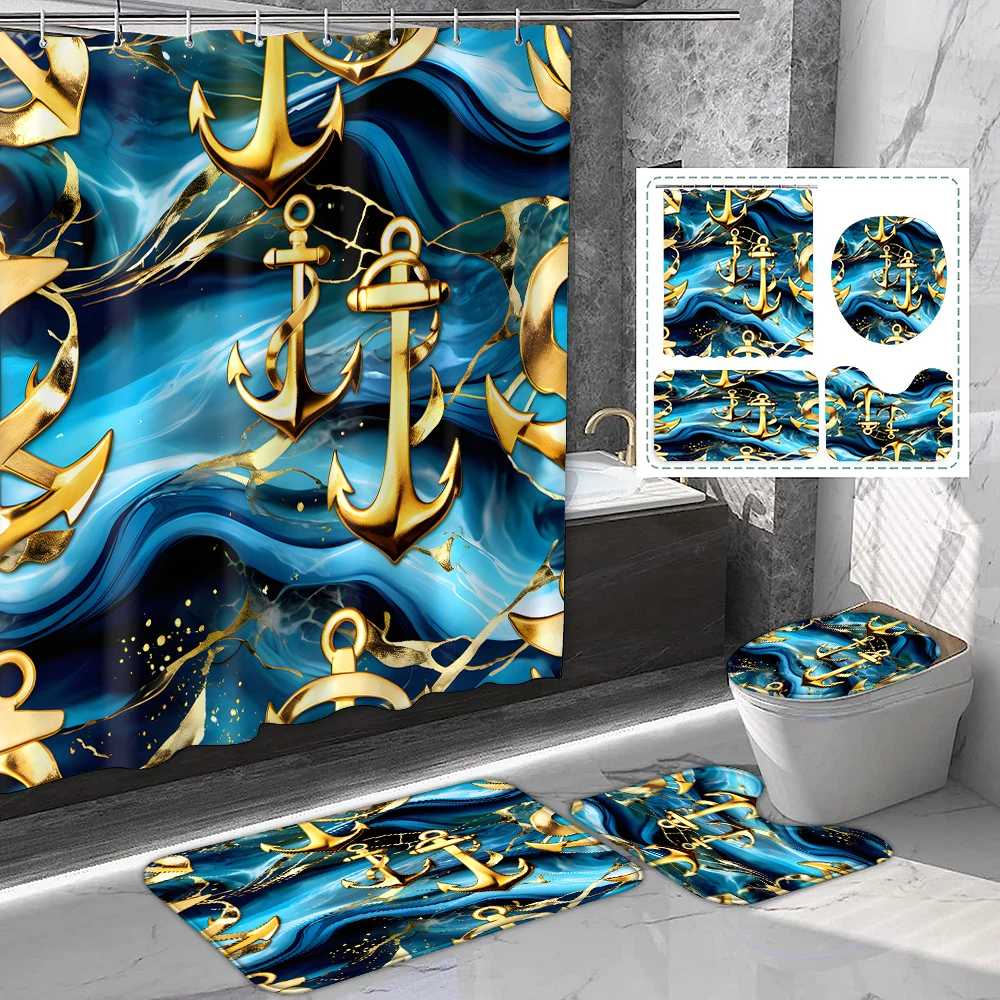 

1 set of blue marble gold boat anchor printed shower curtains with hooks, bathroom mats, bathroom supplies
