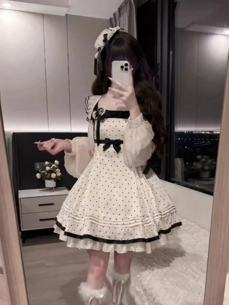 Japanese Kawaii Sweet Elegant 2 Piece Set Women Lace Design Short Cardigan + Polka Dot Lolita Dress Harajuku French Retro Outfit