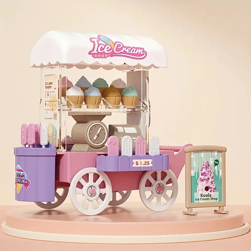 Children DIY Ice cream truck pretend play house girl selling car Mini Miniature Scene kids Simulation cars toy for children gift