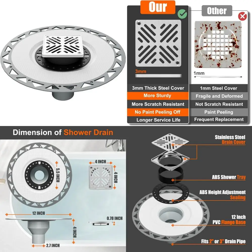 

PVC Bonded Flange 4 Inch Shower Drain Kit with 3mm Thick Steel Cover for Square Shower Drains Systems