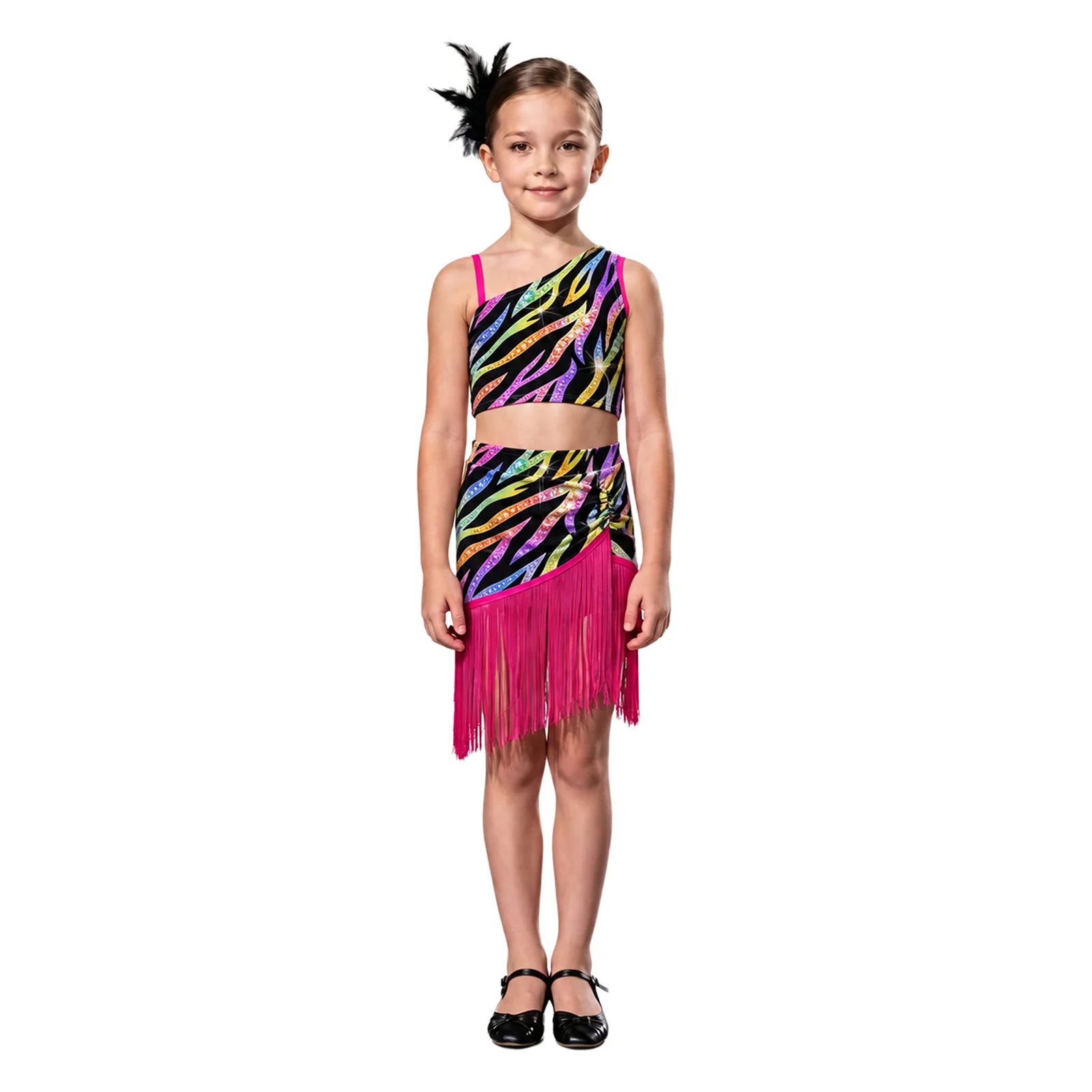 Kids Girls Tango Latin Samba Dance Outfit Leopard Printed Crop Top with Irregular Tassel Skirt Rumba Cha Cha Ballroom Dancewear