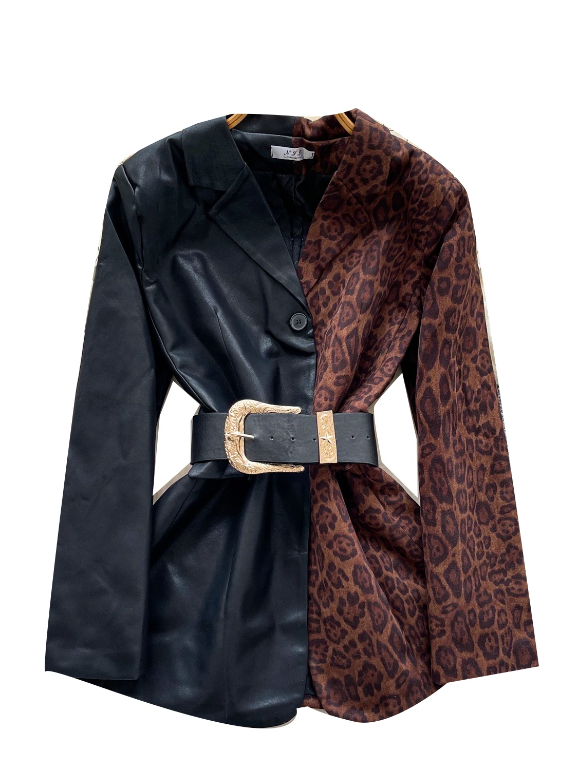 Damen Schwarz Gothic Patchwork Leopard Blazer Jacke Y2k Harajuku 2000er Jahre Vintage Langarm Einreiher Anzug Mantel Oberbekleidung