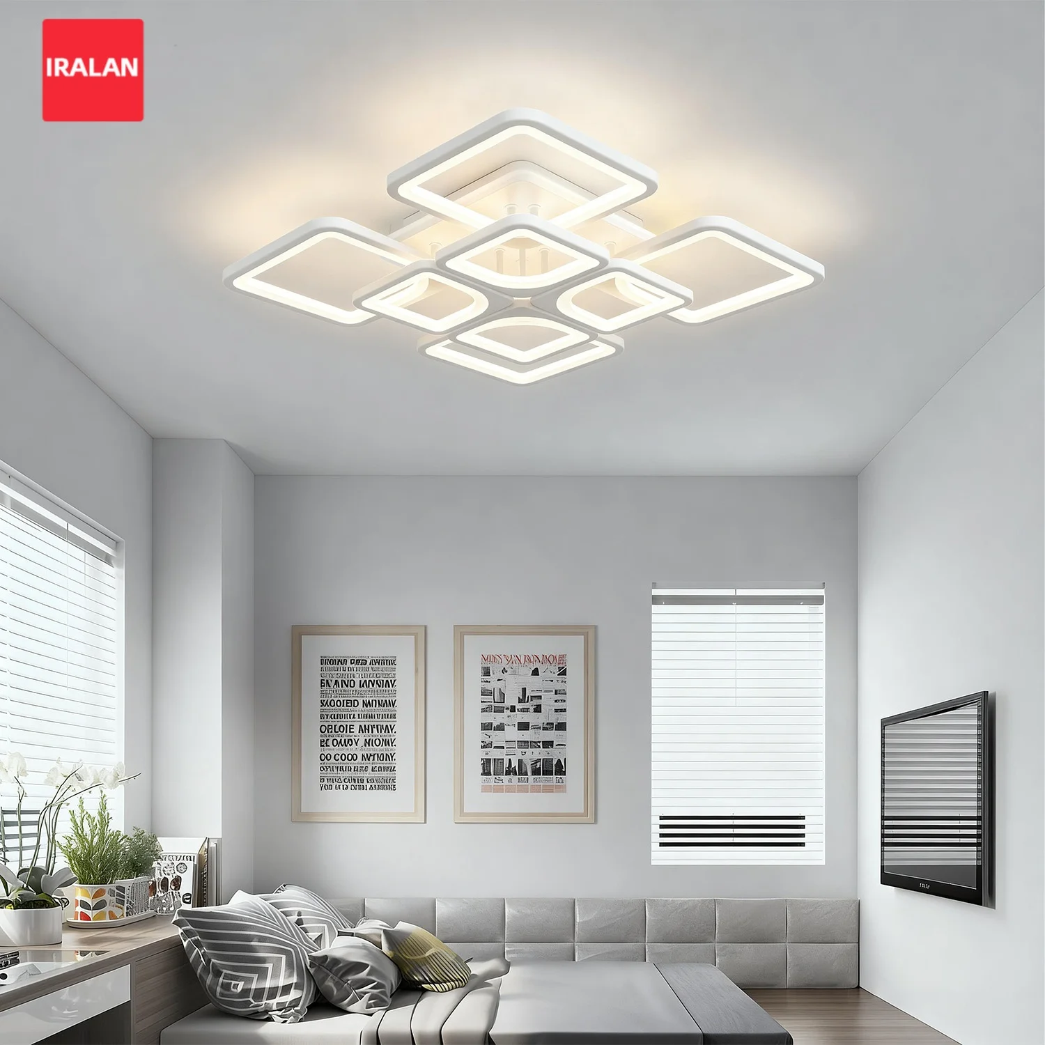 IRALAN Square Design LED Chandelier Bedroom Living Room Household Modern Ceiling Lamp Black and White Ceiling Lights Fixture