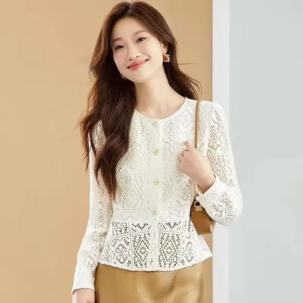 

Весенне-летняя новая кружевная рубашка с круглым вырезом, женская тонкая полая элегантная рубашка с темпераментным низом, женская куртка, короткие топы