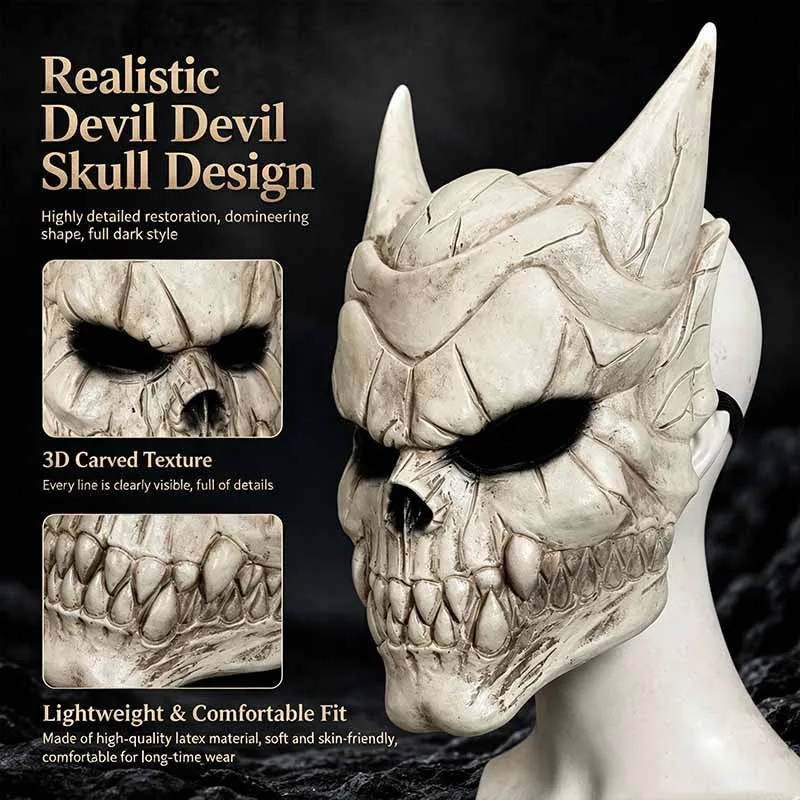 Horror Horned Demon Skull Mask Scary Horror Skeleton Full Face Mask for Scary Halloween Cosplay Party Costume Realistic Props
