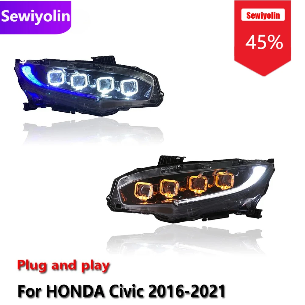 

Автомобильные светодиодные фары DRL в сборе для HONDA Civic 2016-2021, противотуманные фары DRL, стоп-сигнал поворота, лампа Plug and Play