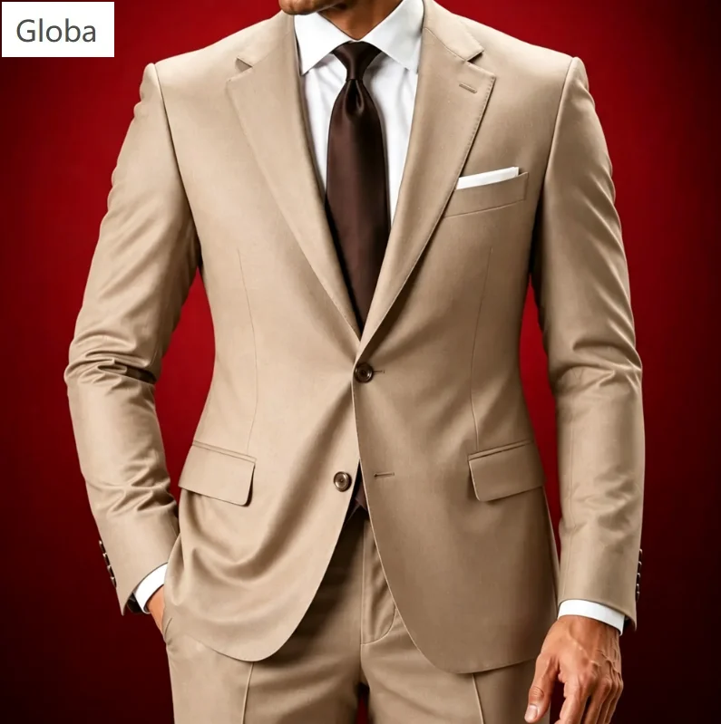 Formal Men Khaki 2 Piece Suit Slim Fit Single Breasted Blazer Matching Trousers Wedding Groom Outfit Business Office Customized
