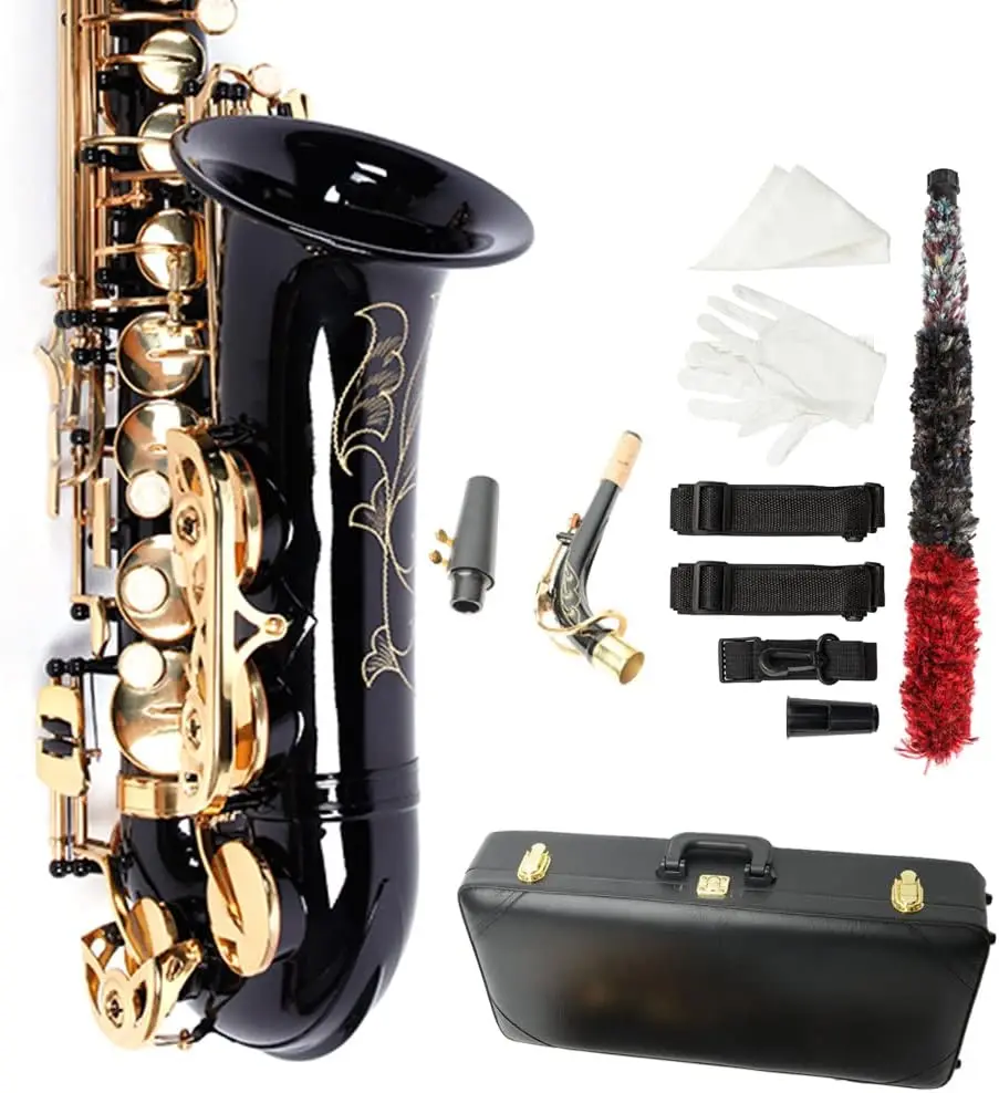 Alto Saxophone Drop E Brass Sax Full Kit for Student Beginners with Carving, Mouthpiece, Carrying Case, Gloves, Cleaning Cloth B