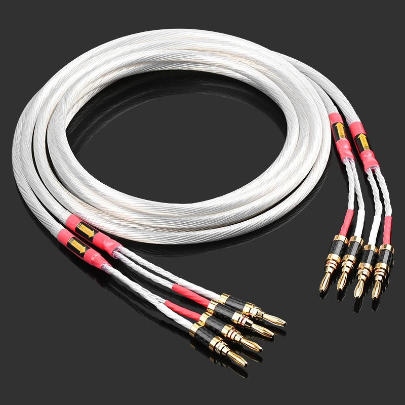 ATAUDIO Ein Paar versilbertes Hifi-Lautsprecherkabel, leistungsstarkes OCC-Lautsprecherkabel mit Kohlefaser-Bananan für Verstärkeranschluss C 4
