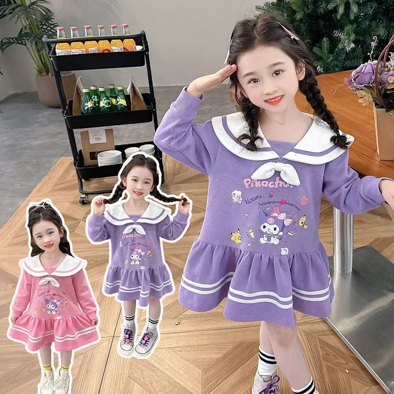 

Spring Autumn Sanrio Anime Sweet College Style Hooded Dress Cute Kawaii Long Sleeve Shirt Children Cotton Princess Cloth Gifts