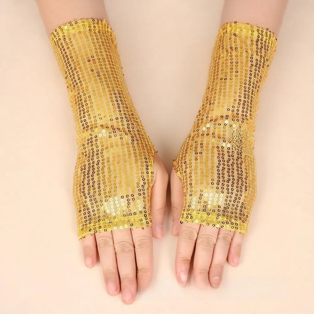 1Pair New Gothic Shining Sequins Gloves Punk Black Gold Red Performance Mittens Club Handwear Belly Iatin Dancing
