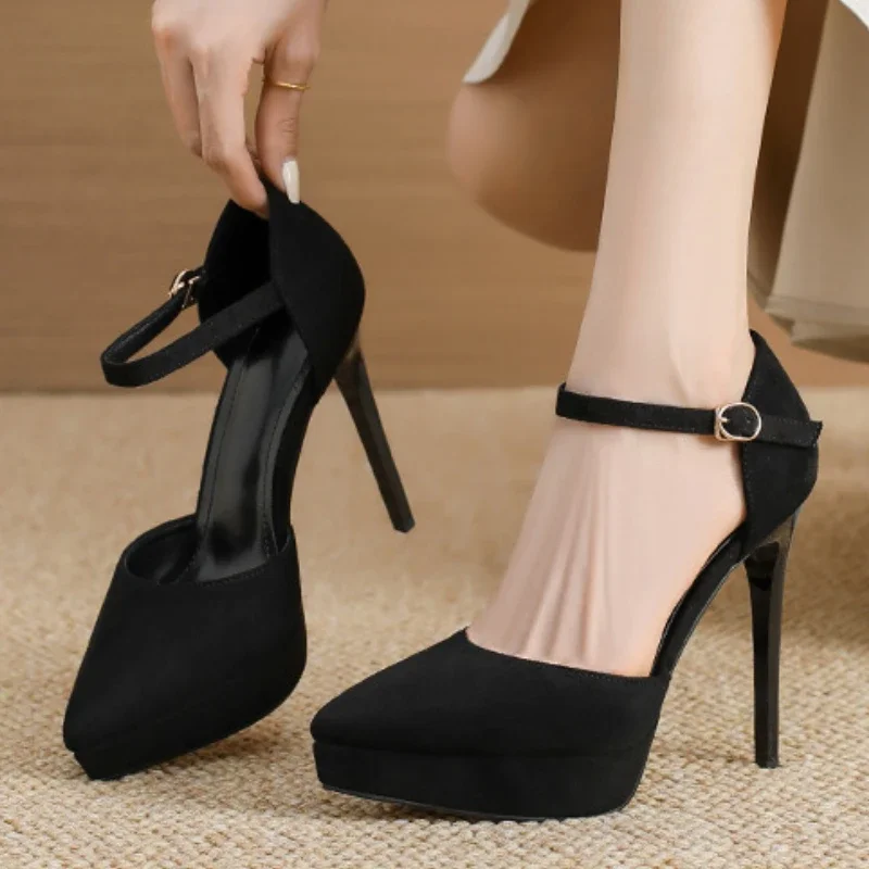 New Pointed Toe Platform Women Sandals Flock Buckle Strap Stripper Party Thin High Heel Shoes Sexy Female Pumps Zapatos De Mujer