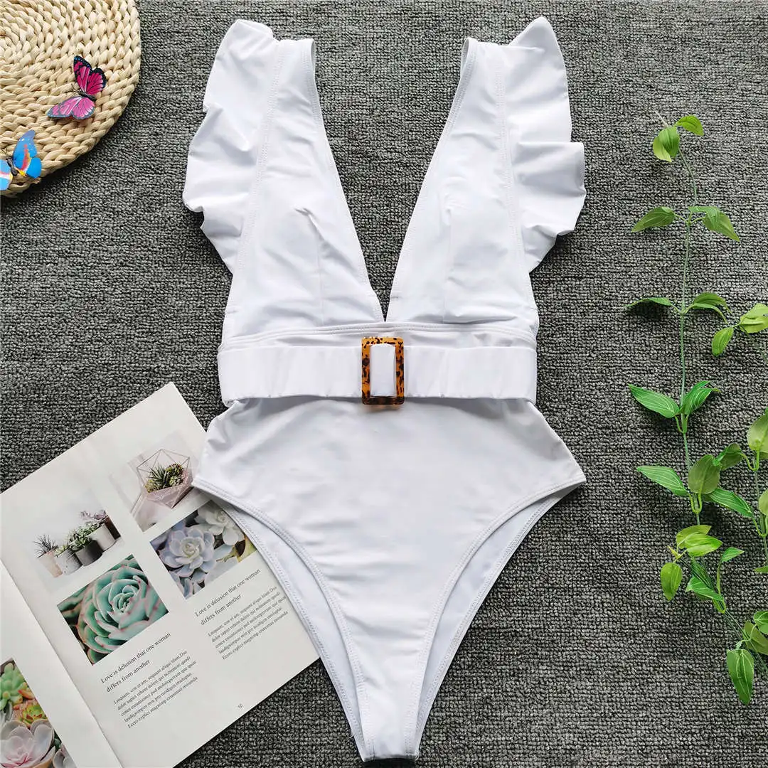 Weißer, sexy, geraffter, tief ausgeschnittener, einteiliger Badeanzug für Damen, Badebekleidung für Frauen mit Gürtel, Monokini, Badeanzug, Badebekleidung für Damen, V2198 – Detail 23