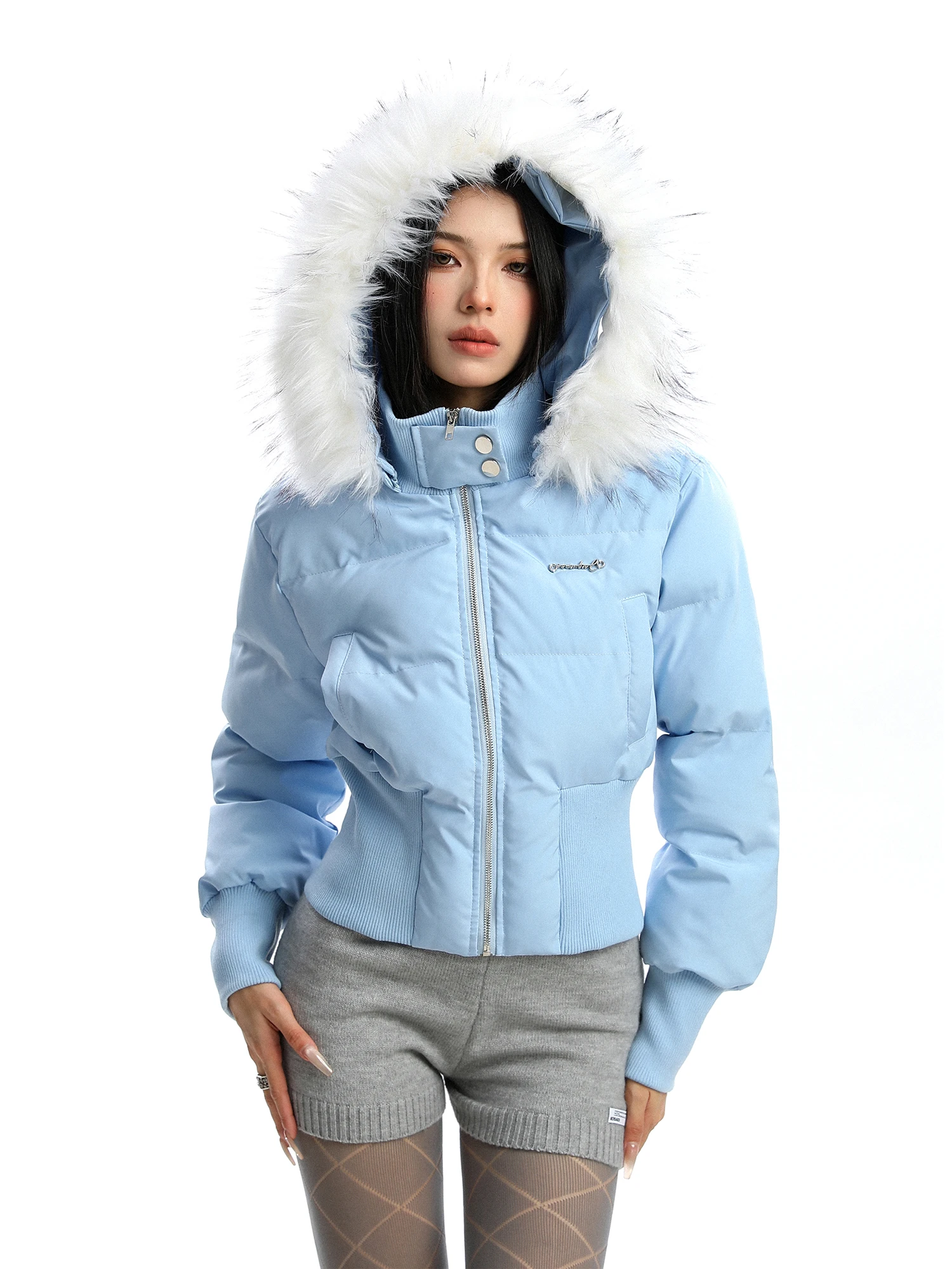 

Women's Streetwear Removable Faux Fur Trim Hooded Slim Cotton Coat Lady Zip Up Long Sleeve Quilted Thick Warm Short Outwear