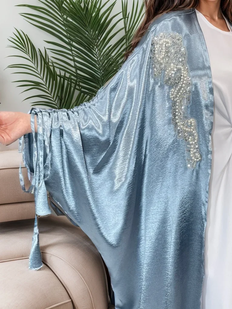 Kimono Abaya Turchia Raso Abaya Aperto per Le Donne Dubai Pianura Manica con Coulisse Perline Abiti Musulmani Vestito Islamico Caftano Veste