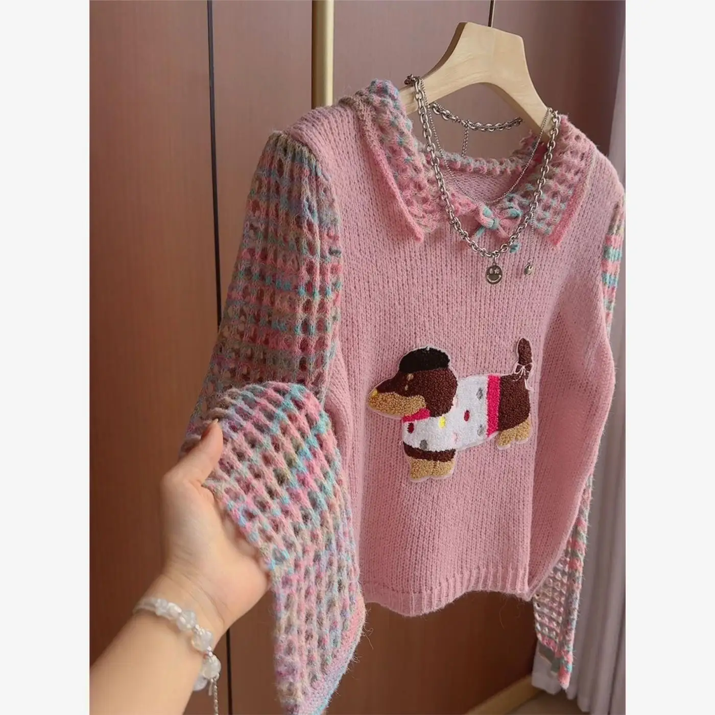 

Faionable Soft Knitted Sweater Women's Embroidered Layering irt Korean Sle Sweet Anti-Aging Autumn High-End Feeling