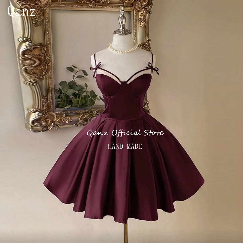 

Qanz Classic Satin Prom Dresses Spaghetti Straps Bugundy Vestidos Elegantes Para Fiesta De Gala Mini Birthday Dress Customized