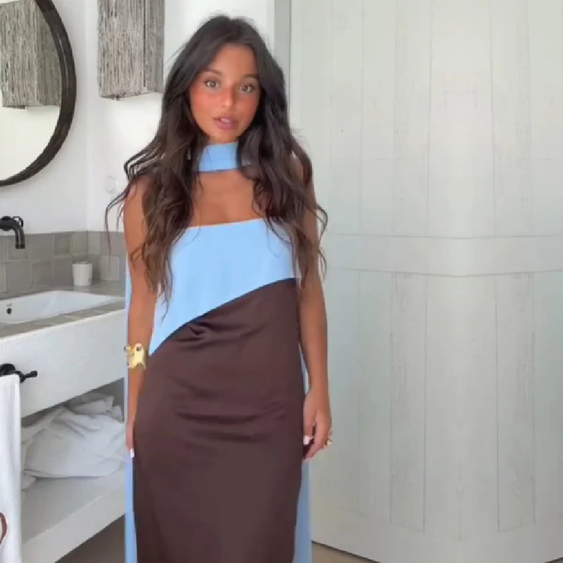 Elegant Color Block Sling Midi Dress For Women Sexy Halter Cape Design Spaghetti Strap Side Split Cocktail Party Long Vestidos