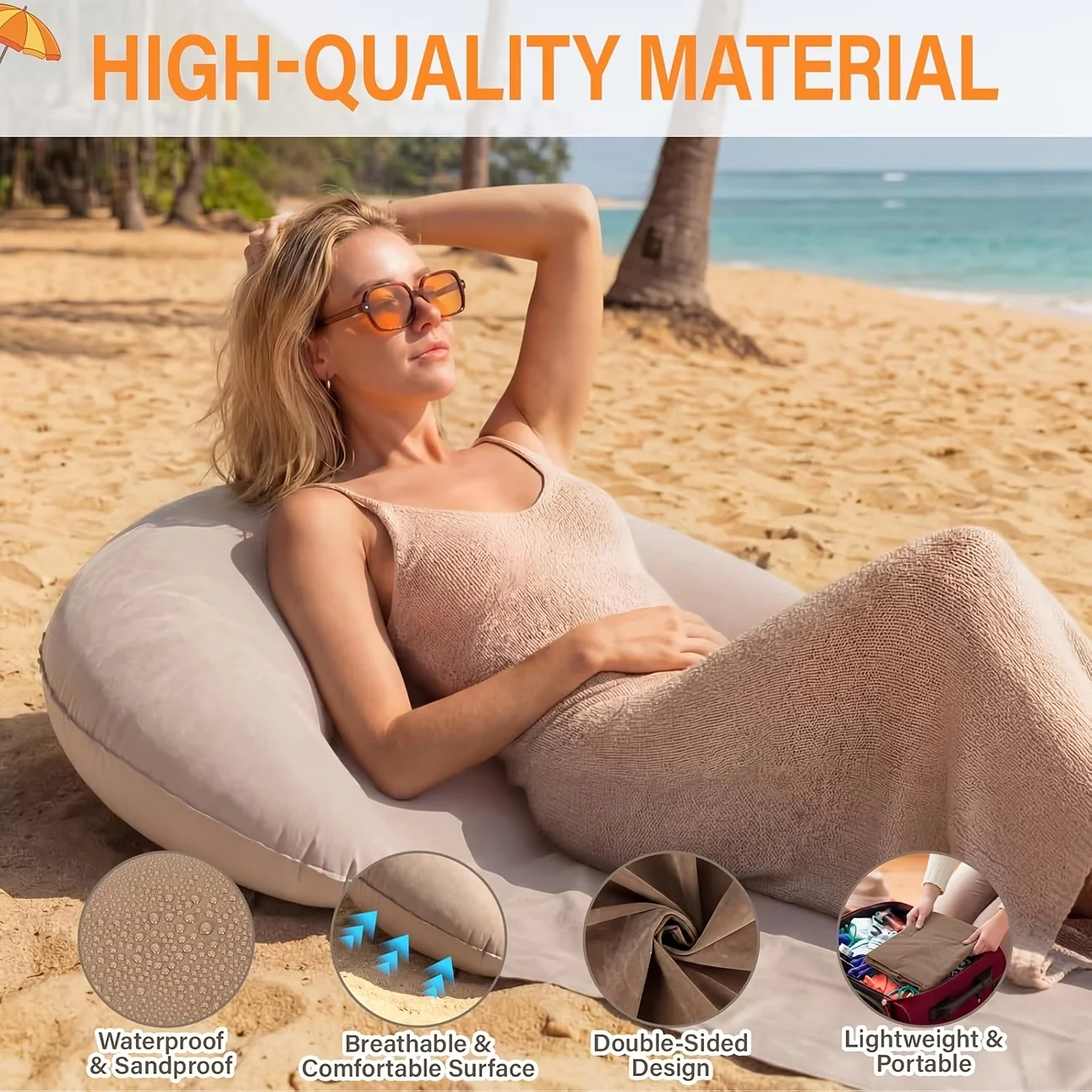 Grey Flocked Inflatable Beach Mat with Built-in Pillow, Portable Foldable Outdoor Lounger. Ergonomic Head Support