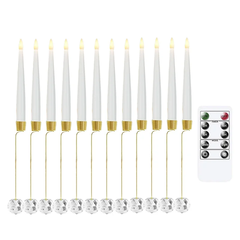 

ABVA-12Pcs Flickering Remote 0.5In X 6In LED Short Taper Candles With 12 Crystal Ball Hooks,Flameless Warm Light Candlesticks