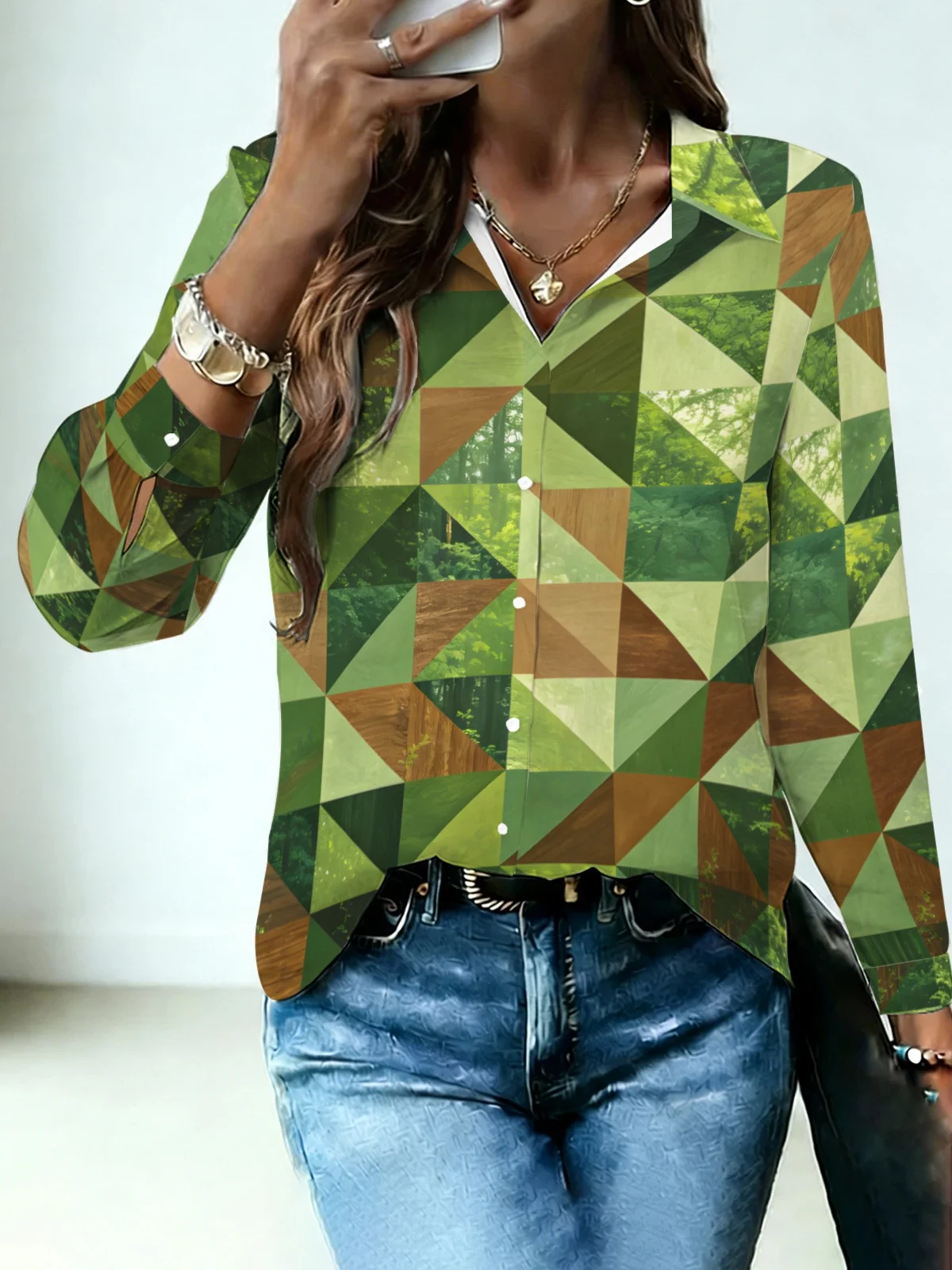 Modern Geometric Landscape Womens Collared Shirt Earth Green Tone Triangle Patchwork Forest Tree Allover Print Long Sleeve Outdo