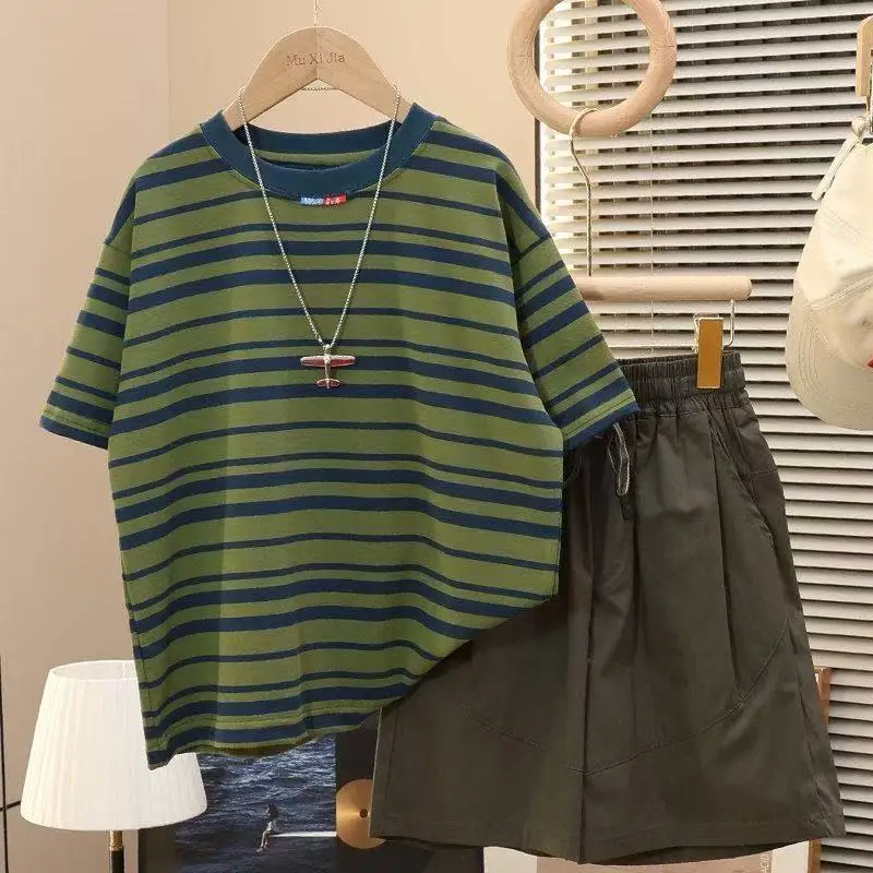Summer Boys Striped Short Sleeve T-Shirt Set Kids Korean Shorts 2pcs Set Children's Trendy Fashion Brand Boutique Sport Clothing