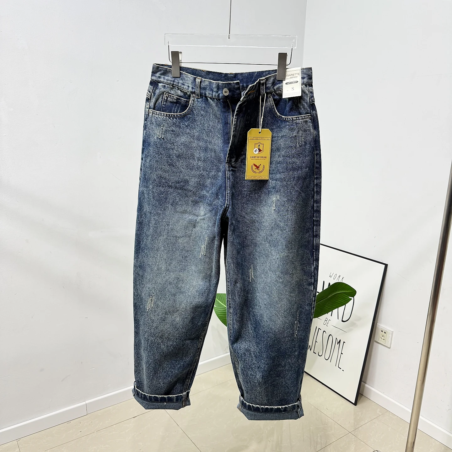 

New American Sle Loose Leggings Men's Casual Cotton Jeans mid Waist Waed out Torn Hole Spring Autumn Trendy Straight Leg