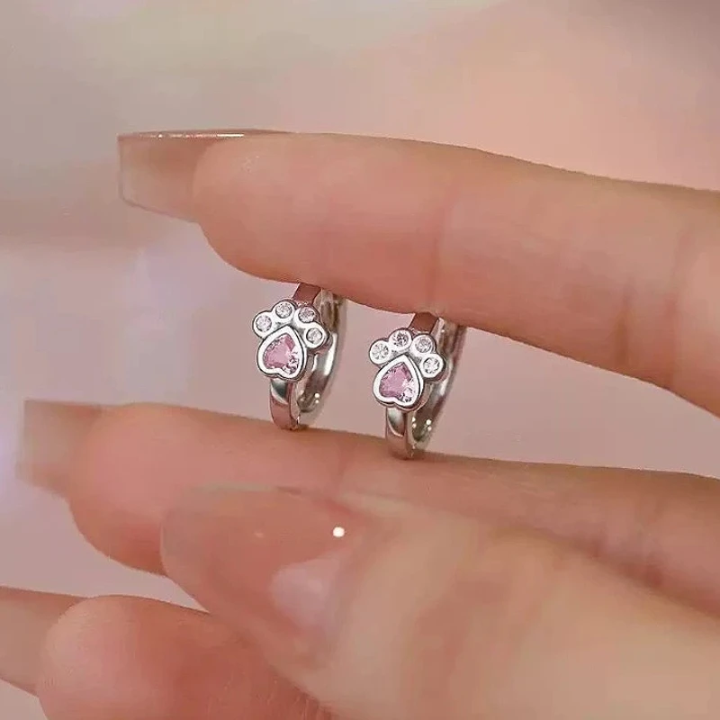 

925 Sterling Silver Charming Cat Claw Pink Heart Zircon Hoop Earring for Women Fine Jewelry High Luxury Vintage Accessories