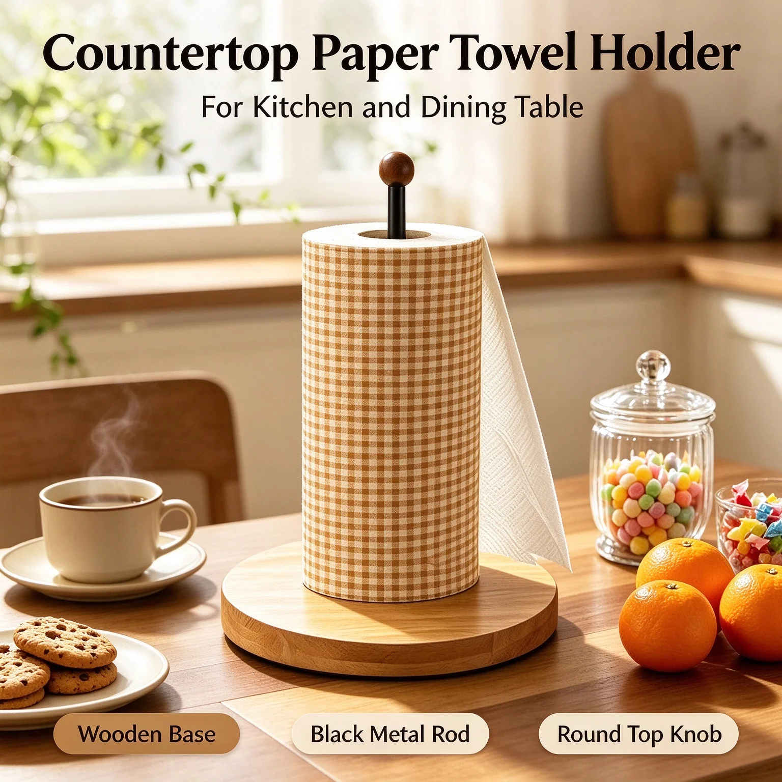 Paper Towel Holder Carbon Steel Wood Tone Freestanding Vertical Rod Weighted Base Kitchen Roll Stand