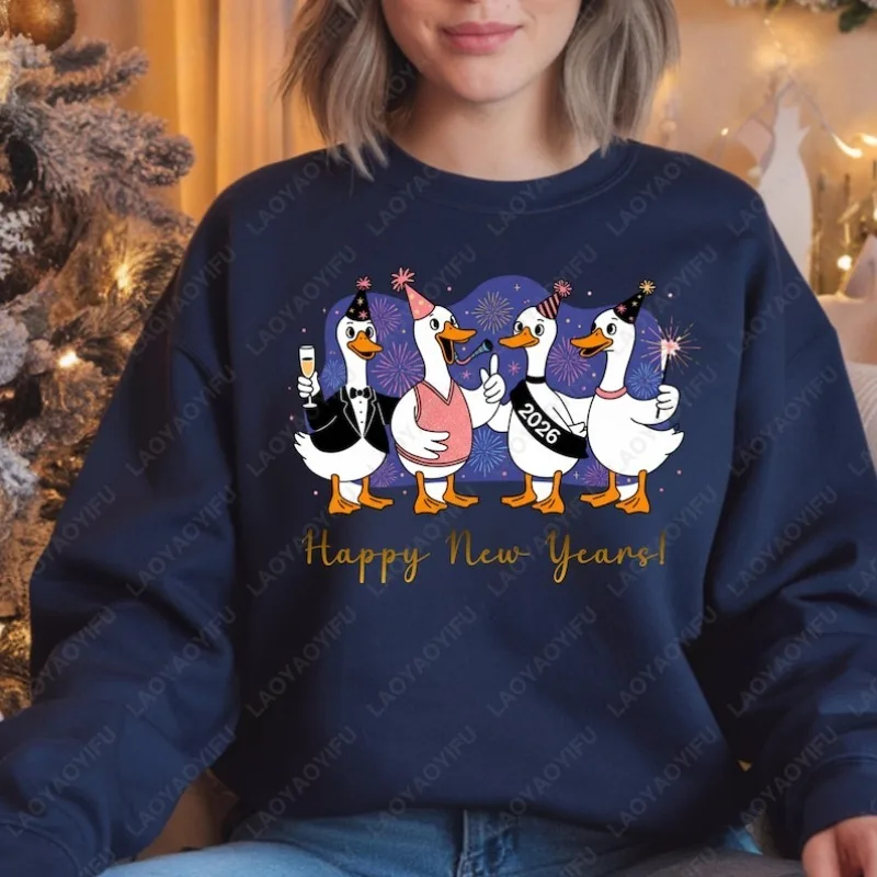 Feliz ano novo ganso moletom véspera de ano novo 2026 festa engraçado dos desenhos animados inverno pulôver champanhe bonito festival gráfico hoodie
