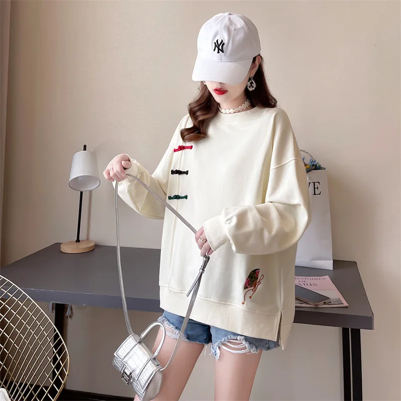 Chinese Style Pullover Sweatshirt Women Vintage Embroidery Loose Long Sleeve Pull Tops Fashion Spring Autumn Casual Sweat Shirt