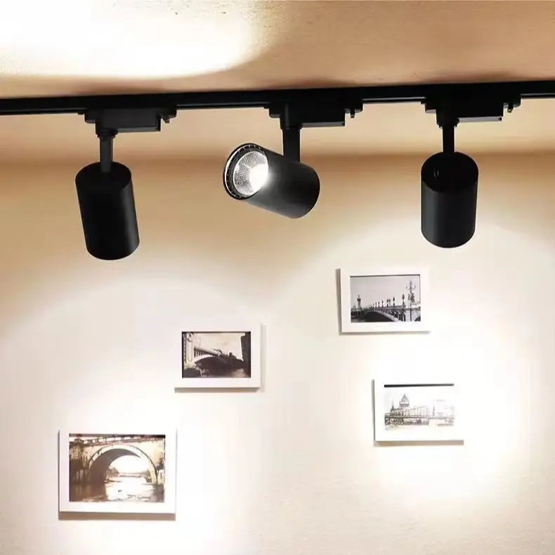 Black LED Track Spotlight Adjustable Angle COB Rail Light Modern Cylinder Track Lamp for Art Gallery Clothing Store Living