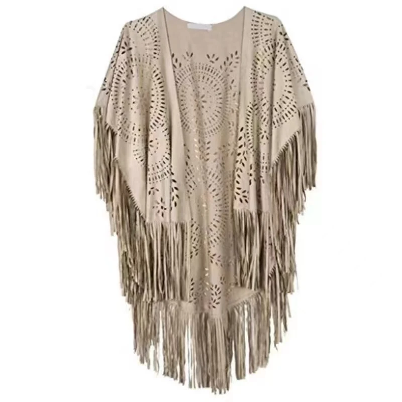 Suede Floral Hollow Out Fringe Tassel Shawl Women Vintage Capes Ponchos Autumn Bohemian cardigan Cloak Boho Capes