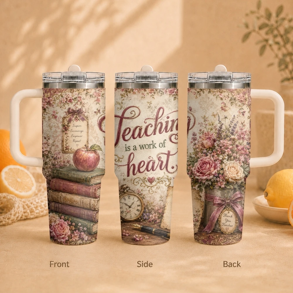 Retro-style library Vacuum Flasks 40oz Vacuum Insulated Travel Mug with Straw & Handle | Stainless Steel Leakproof Tumbler